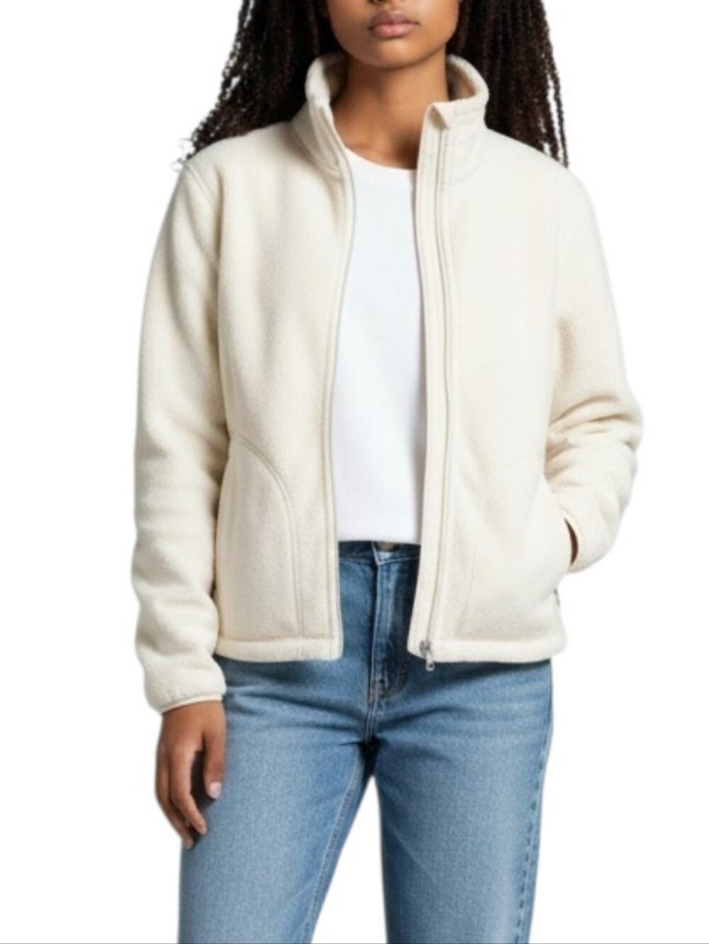 Cozy Calvin Klein Women's Cream Full-Zip High Collar Fleece Jacket Size L